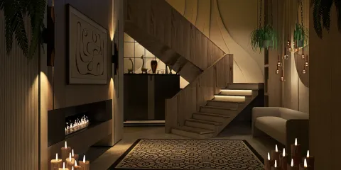 Modern staircase design featuring a cozy lounge area with ambient lighting and decorative candles in a contemporary style, showcasing interior decor optimization using Homestyler's real-time 3D rendering feature.