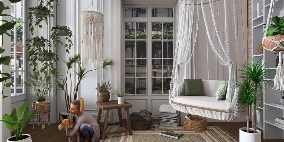 cozy living room with a hanging chair and plants, designer arranging furniture in a bohemian style, interior decor with homestyler's real-time 3D rendering feature