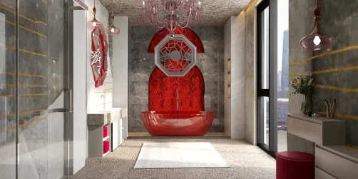 Grey, brown, red bathroom.