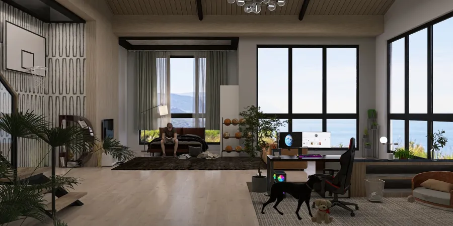 a living room with a large window and a dog 