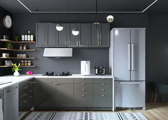 monochrome large apartment kitchen Design Rendering