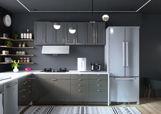 monochrome large apartment kitchen Design Rendering
