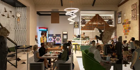 A vibrant café interior featuring a mix of casual seating and lively decor, showcasing the use of smart furniture arrangement for optimizing small commercial spaces. This image highlights Homestyler's real-time 3D rendering capability, ensuring quick design proposals.