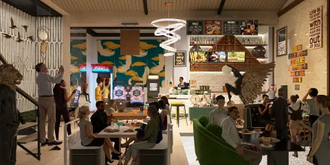 modern cafe interior featuring vibrant decor and lively atmosphere with patrons enjoying their time; stylish furniture arrangement enhancing space utility; leveraging Homestyler's 3D rendering for realistic design preview