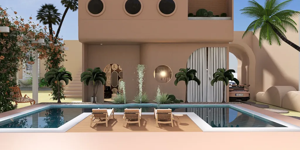 a large pool with a large balcony and a large table 