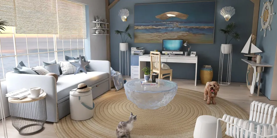 beach-themed living room with updated furniture layout and coastal decor showcasing a modern style, emphasizing light and airy space values using Homestyler's real-time 3D rendering functionality.