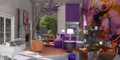 Purple, grey and orange living room