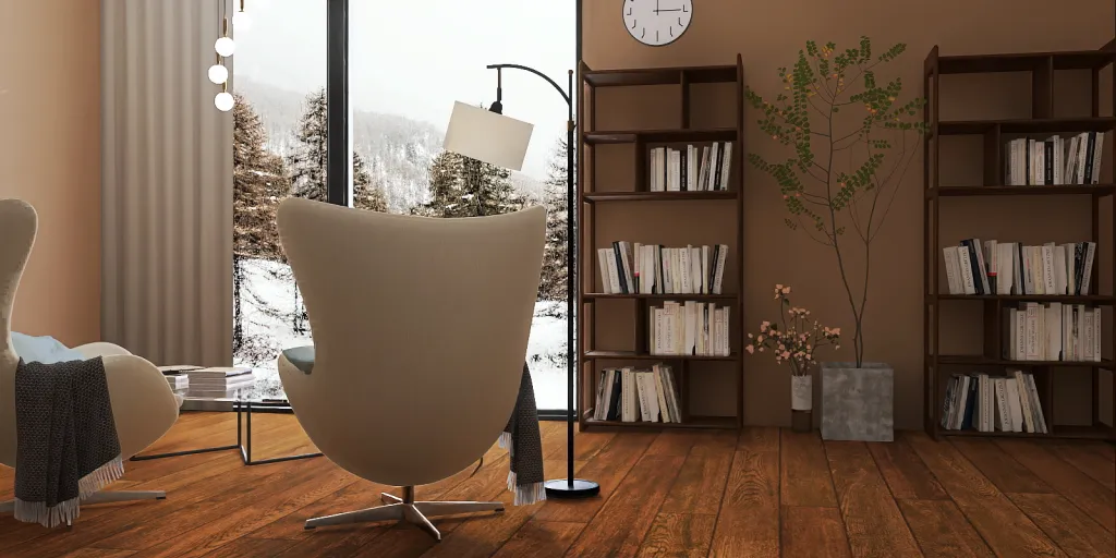 a chair with a book shelf and a lamp 
