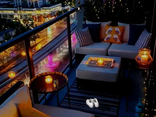outdoor balcony seating arrangement with warm lighting and decorative cushions in a modern style, showcasing outdoor decor ideas for small spaces. Features Homestyler's real-time 3D rendering for effective design visualizations.