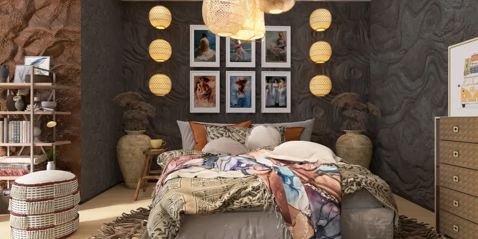 Cozy bedroom with a beautifully arranged bed and artistic wall decor, showcasing a modern Bohemian style, highlighting Homestyler's real-time 3D rendering feature for quick design previews.