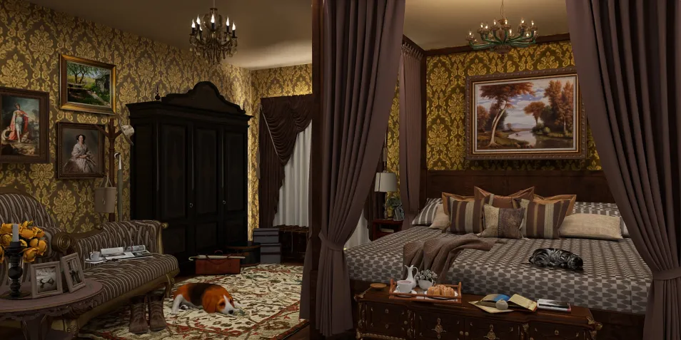 luxurious bedroom interior with elegant decor showcasing vintage furniture and ornate wallpaper, designed using Homestyler's real-time 3D rendering feature for effective remodeling preview.
