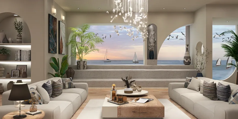 modern living room design featuring large windows with ocean view, showcasing a calming coastal style, utilizing Homestyler's real-time 3D rendering for instant visualization.