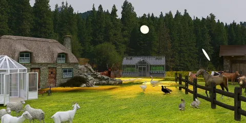 A serene countryside landscape featuring a rustic stone cottage, a greenhouse, and various animals like horses, goats, and rabbits grazing in a lush green field surrounded by tall trees, showcasing a peaceful rural setting.