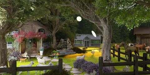 charming garden scene with a quaint cottage surrounded by lush greenery and animals, showcasing outdoor landscape design and featuring Homestyler's 3D rendering capabilities for visualizing natural settings.