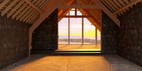 open interior space with a view of sunset, showcasing a stone and wood design, ideal for coastal homes, utilizing Homestyler's real-time 3D rendering feature.