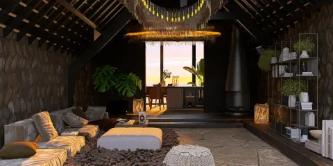 spacious living room featuring cozy seating arrangements with a modern bohemian style, enhanced by a 3D rendering feature in Homestyler for realistic interior visualization.