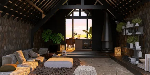 cozy living room with natural stone wall design showcasing a modern aesthetic, enhancing home comfort with Homestyler's real-time 3D rendering feature