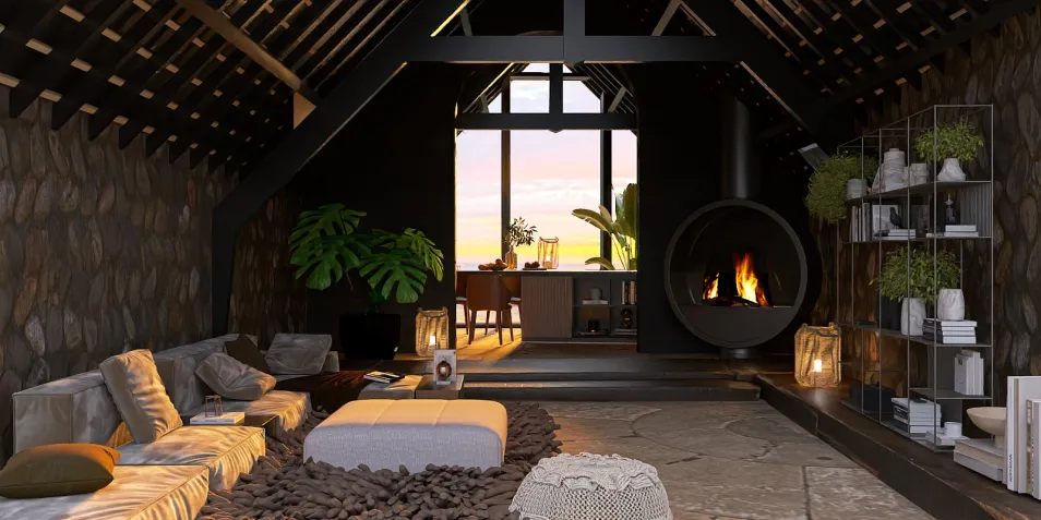 cozy living room with fireplace showcasing smart furniture arrangement in modern rustic style for optimal interior decor using Homestyler's real-time 3D rendering feature