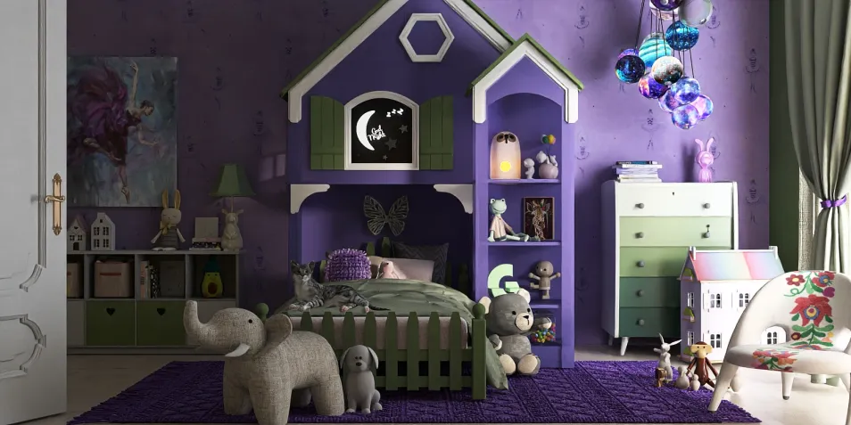 children's bedroom featuring a playful house-shaped bed and vibrant purple walls, designed for a cozy atmosphere with toys and decor items, utilizing Homestyler's real-time 3D rendering for quick design visualization.