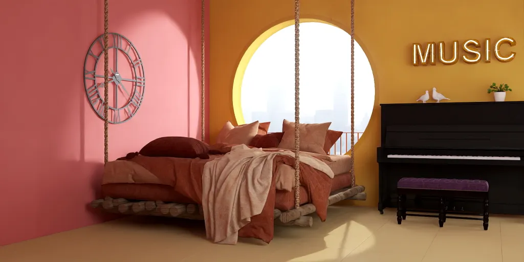 a bedroom with a bed, chair, and a lamp 