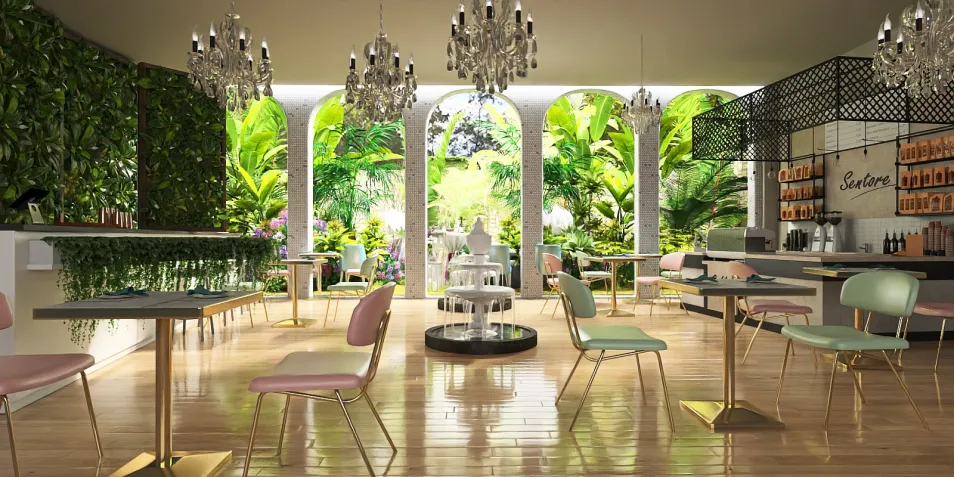 a stylish cafe interior featuring elegant chairs and tables, showcasing a lush greenery wall and large arch windows, designed with a modern aesthetic for an inviting dining experience, utilizing Homestyler's real-time 3D rendering for design visualization.