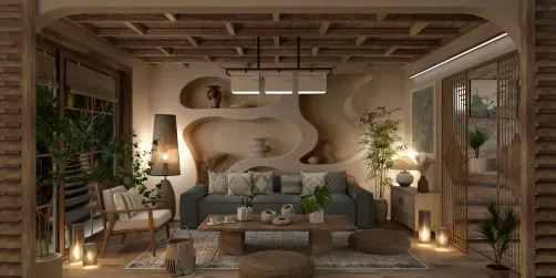 Contemporary living room with a textured wall design featuring natural elements, showcasing a cozy ambiance with a 3D rendering in Homestyler, emphasizing interior decor.