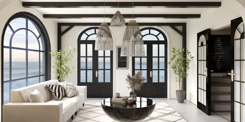 Living room with large arched windows featuring elegant decor and modern furnishings, showcasing a beach view. The interior design highlights the use of Homestyler's real-time 3D rendering for accurate design proposals while providing a cozy and stylish atmosphere.