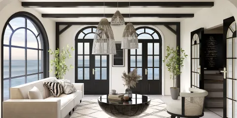spacious living room featuring elegant arched doors and large windows, showcasing a coastal view, designed in a modern coastal style with the use of Homestyler's real-time 3D rendering for design visualization.