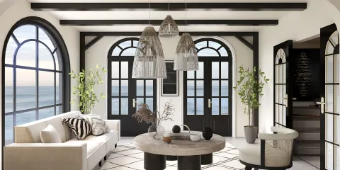 A bright living room featuring large arched windows with ocean views, styled with a cozy sofa, a round coffee table, and elegant pendant lights, showcasing a modern coastal design ideal for home interior decoration using Homestyler's real-time 3D rendering feature.