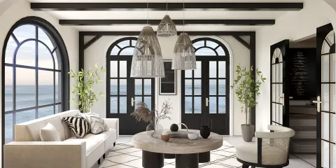 modern living room featuring a stylish sofa and round coffee table with an elegant layout, enhanced by Homestyler's smart furniture arrangement functionality