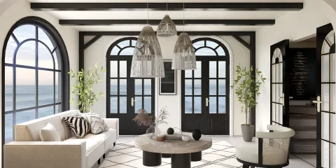 Modern living room with stylish furniture arrangement featuring a cozy sofa, circular coffee table, and decorative plants in a coastal style, showcasing Homestyler's real-time 3D rendering capabilities.