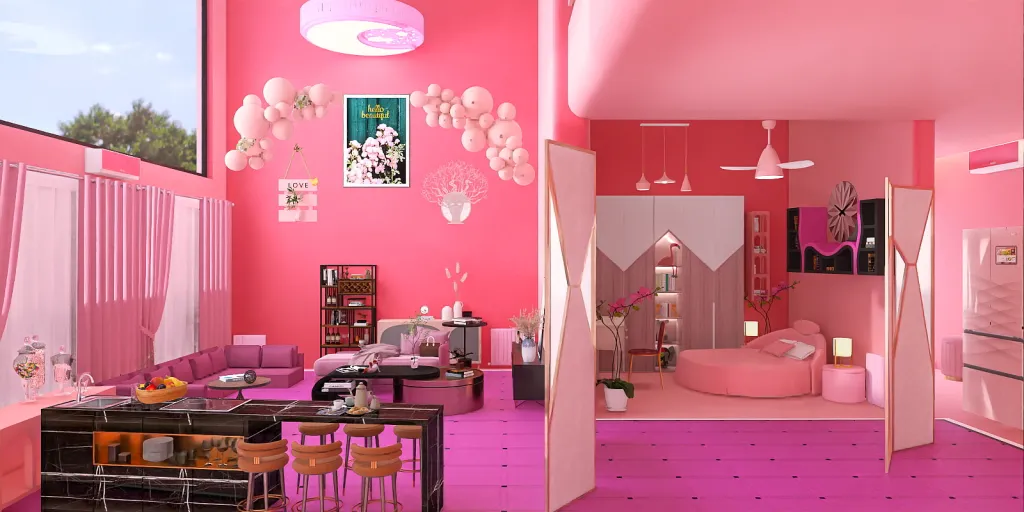 a pink room with a pink dresser and a pink dresser 