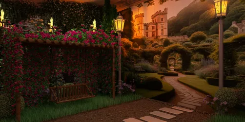 Formal gardens at sunset