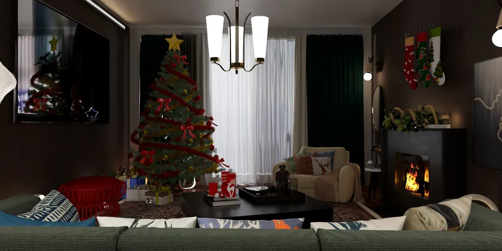 a christmas tree in a living room with a fireplace 
