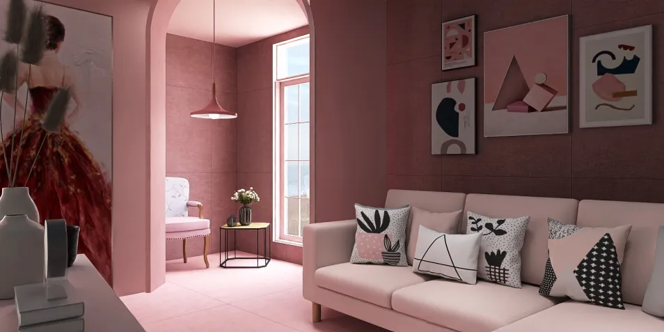cozy living room with soft pink tones featuring modern art and decorative pillows; showcasing interior design style; highlighting Homestyler's real-time 3D rendering feature.