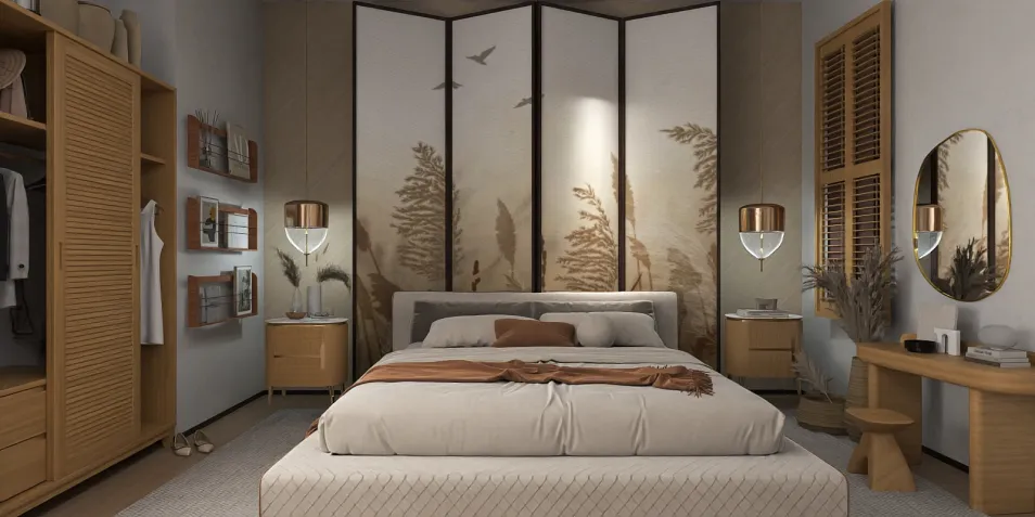 Modern bedroom with an elegant bed design and natural wood accents featuring a serene art wall, showcasing interior decor optimization using Homestyler's real-time 3D rendering for enhanced spatial visualization.