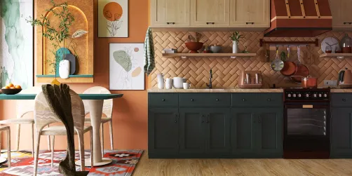 modern kitchen design featuring a stylish layout with green cabinets and natural wood elements, showcasing interior decor trends; utilizing Homestyler's real-time 3D rendering for accurate visual previews.