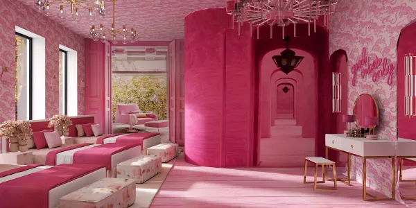 pink themed interior design featuring cozy seating and decorative arches, showcasing a vibrant aesthetic ideal for creative spaces, utilizing Homestyler's real-time 3D rendering for design proposals.