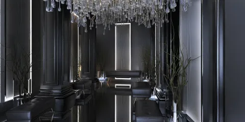 luxurious lounge space featuring elegant crystal chandelier enhancement in a modern black minimalist style, showcasing interior decor using Homestyler's real-time 3D rendering feature for immersive design preview.