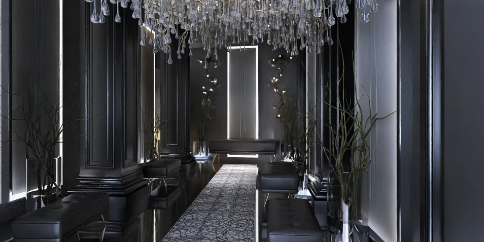 luxurious hallway featuring dramatic chandelier installation with modern decor elements to enhance spatial elegance using Homestyler's real-time 3D rendering functionality.