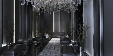 luxurious hallway featuring elegant crystal chandelier design in modern style enhances spatial sophistication with Homestyler's real-time 3D rendering.