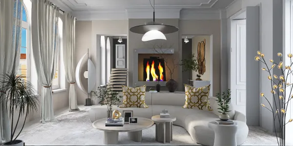 modern living room design featuring a curved sofa with stylish cushions, incorporating smart furniture arrangement for optimal space use, utilizing Homestyler's real-time 3D rendering feature to visualize the layout.