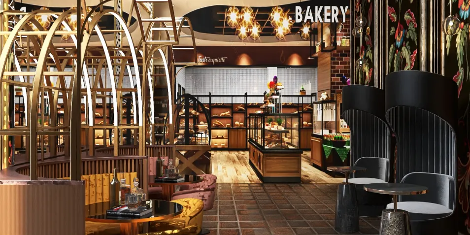 bakery interior design featuring elegant seating arrangements and stylish display cases, showcasing a warm and inviting atmosphere with a modern aesthetic, utilizing Homestyler's real-time 3D rendering for accurate design previews.