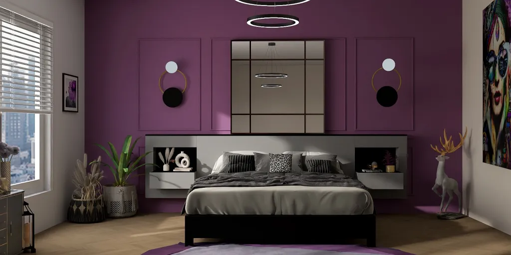 a bedroom with a bed, a lamp, and a wall mounted wall mounted wall mounted wall mounted