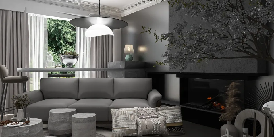 modern living room design featuring a gray sectional sofa and minimalist decor, showcasing an elegant interior decor style with a focus on spaciousness, leveraging Homestyler's real-time 3D rendering functionality for design previews.