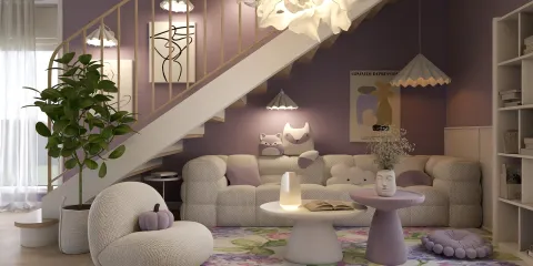 cozy living room with modern sofa and artistic decor, featuring soft pastel colors and plants for enhanced interior design using Homestyler's real-time 3D rendering feature