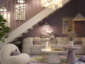 Cozy living room with modern seating arrangement showcasing pastel colors and floral patterns, featuring a stylish coffee table and decorative lamps. This interior design utilizes Homestyler's real-time 3D rendering for realistic remodeling visualization.