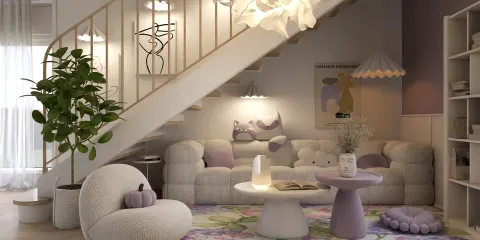 Cozy living room featuring a plush sofa and artistic decor, showcasing a modern bohemian style with a focus on interior design aesthetics; powered by Homestyler's real-time 3D rendering for enhanced design previews.