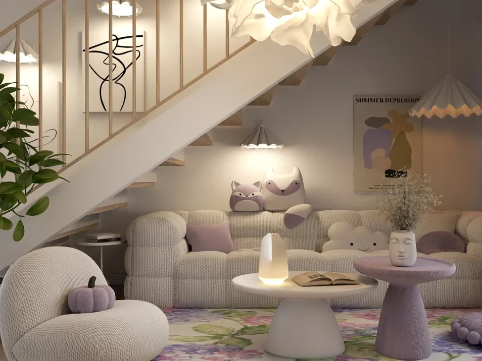 Cozy living room featuring a plush sofa arrangement with pastel accents and artistic decor, designed with Homestyler's smart furniture arrangement feature for optimal space utilization.