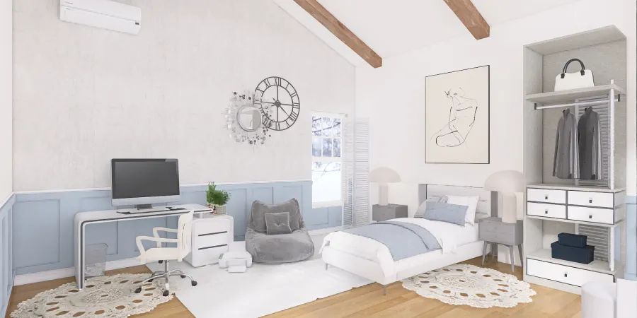 a white room with a white wall and a white bed 
